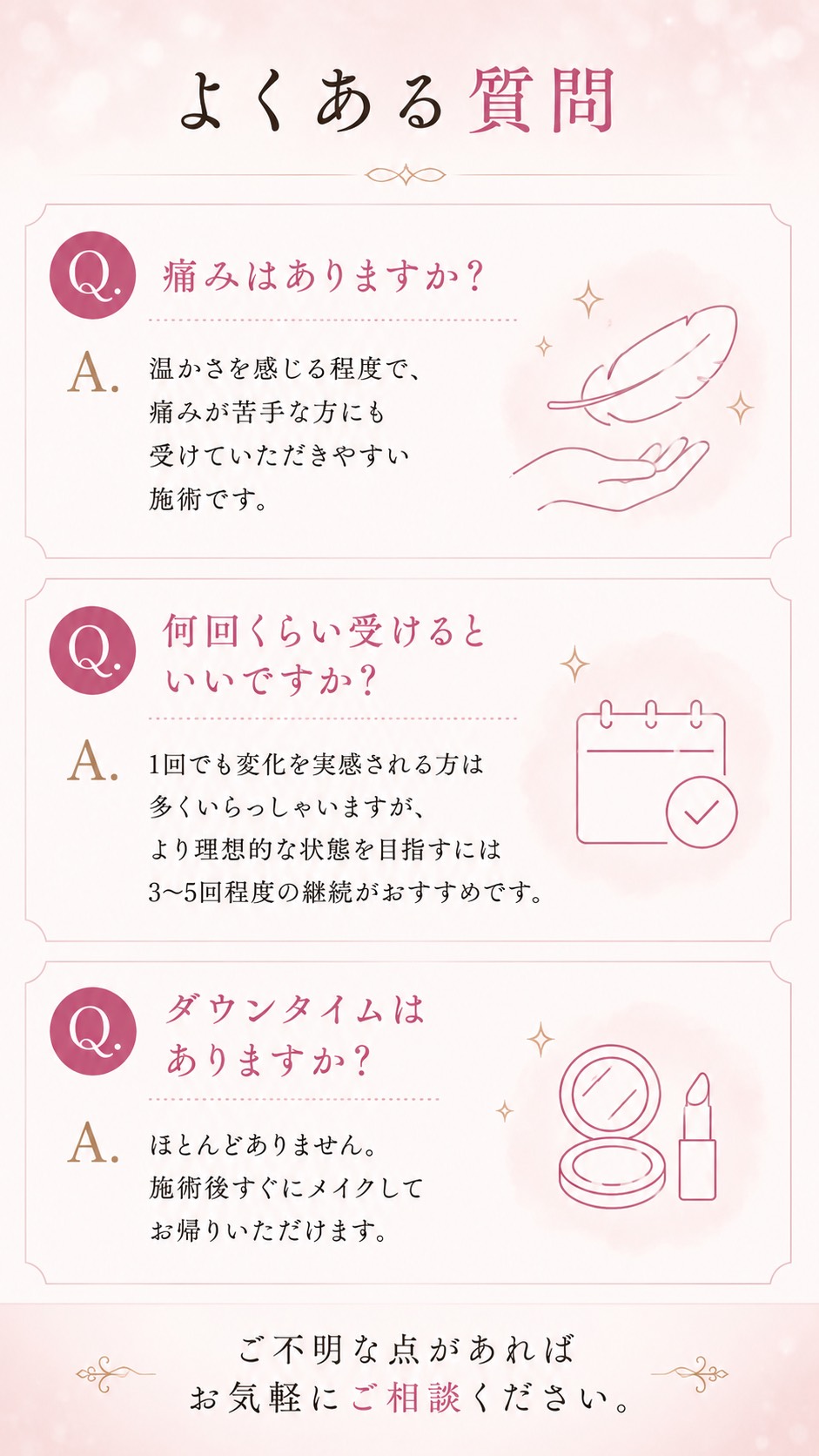 よくある質問（Q&A）：痛み、回数、ダウンタイムについての回答一覧